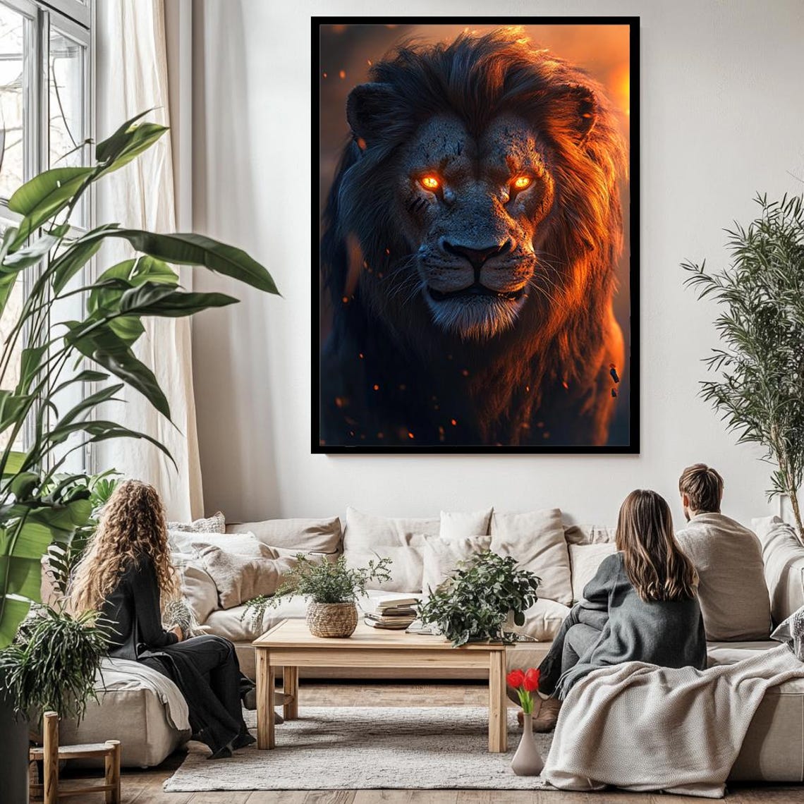 Fiery Lion Portrait Glowing Orange Eyes Dark Dramatic Mane Wall Art - Image 3
