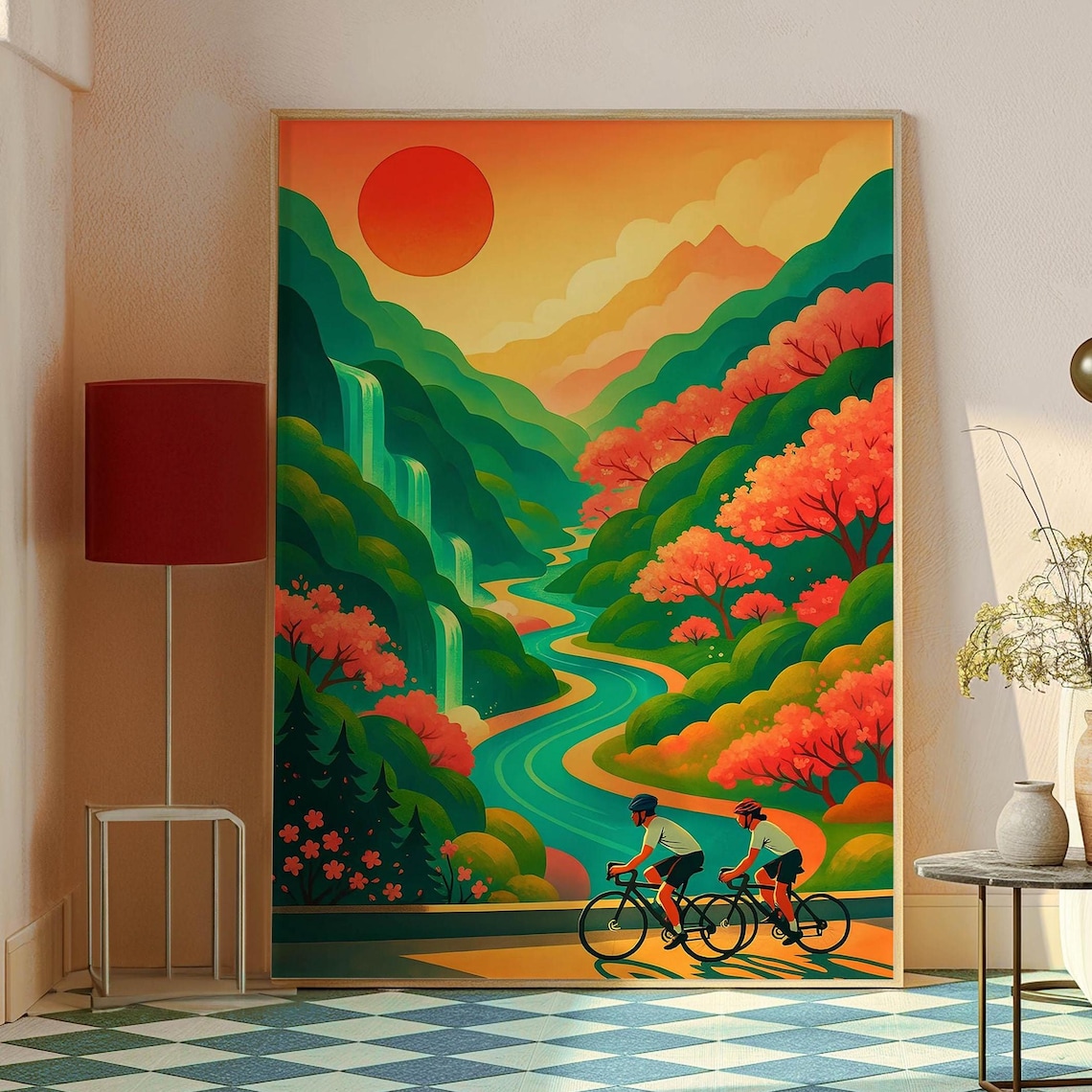 Cycling Couple Sunset Valley Waterfall Autumn Landscape Sport Poster