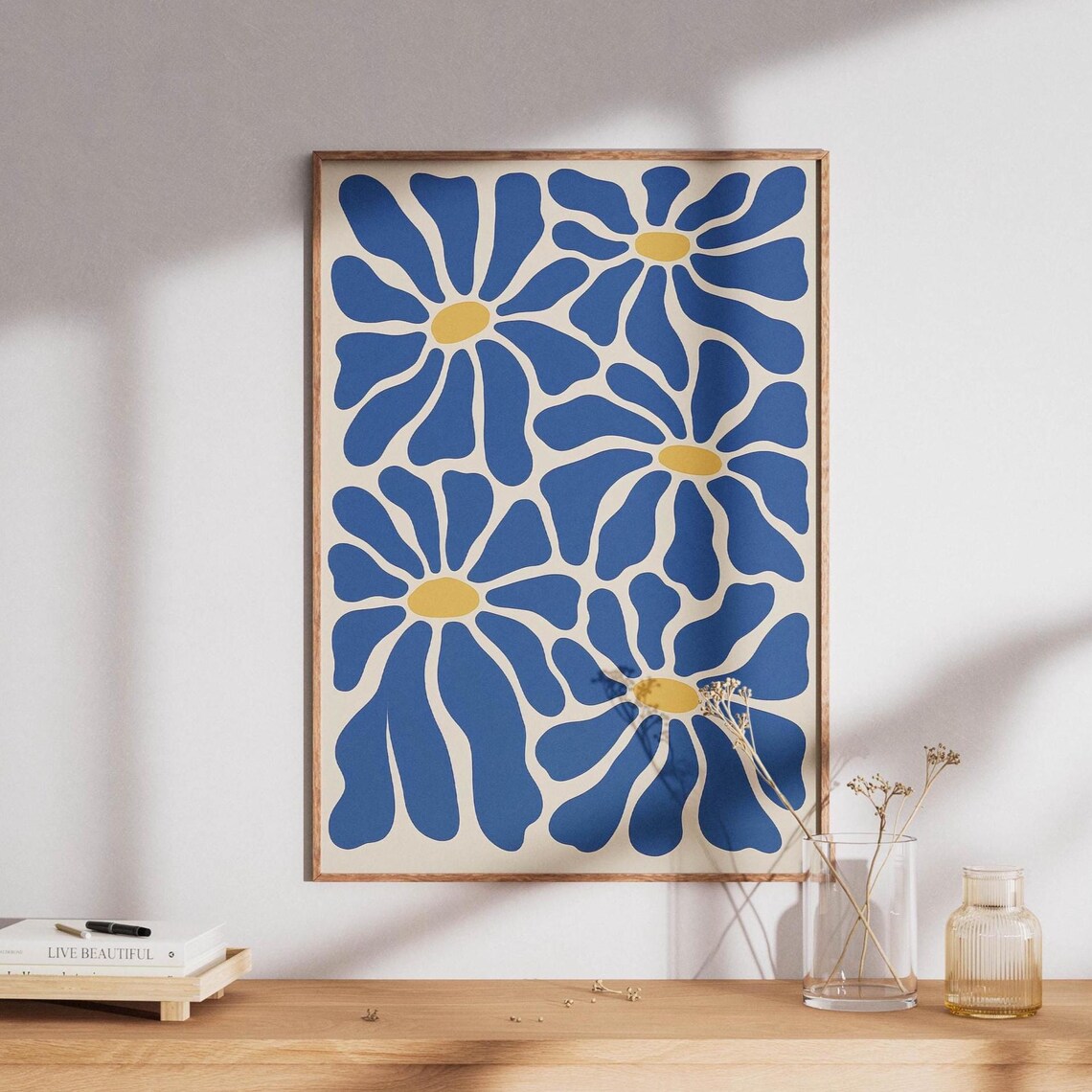Blue Daisy Flower Art Print, Mid-Century Floral
