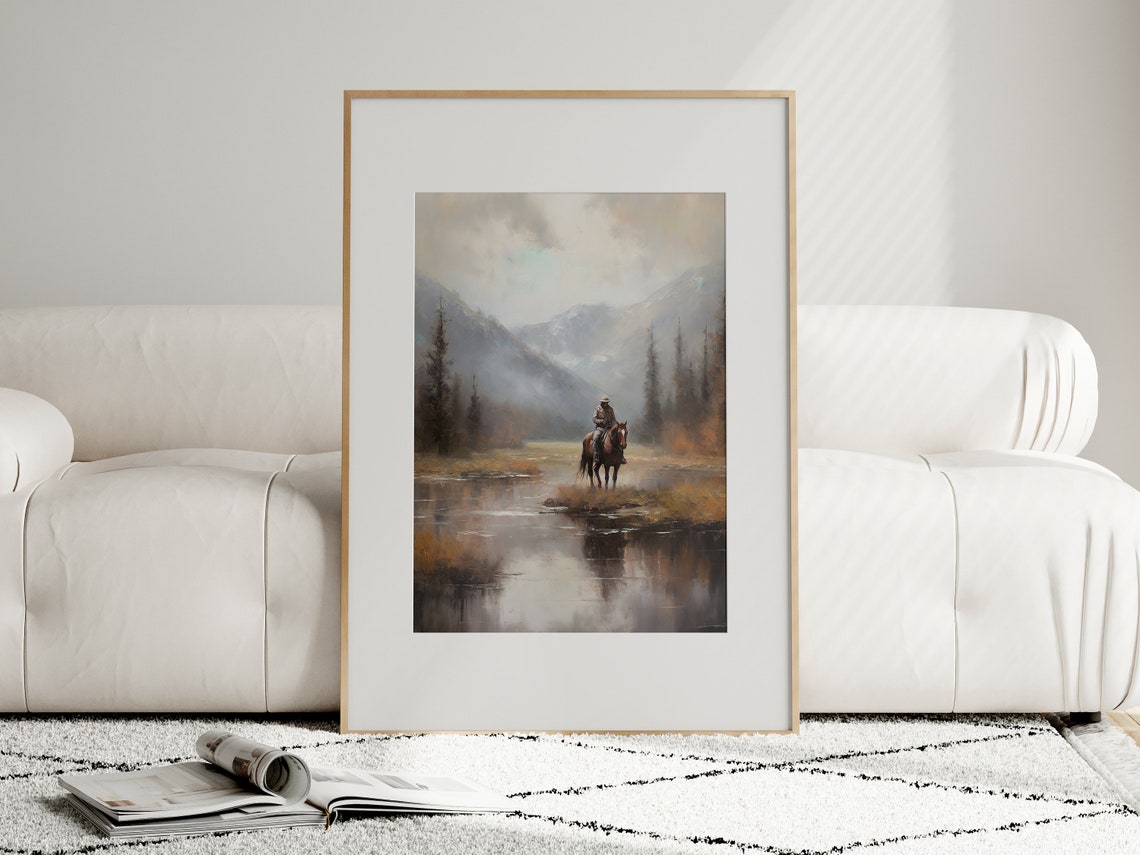 Cowboy on Horseback Crossing a Misty Mountain River Wall Poster - Image 2