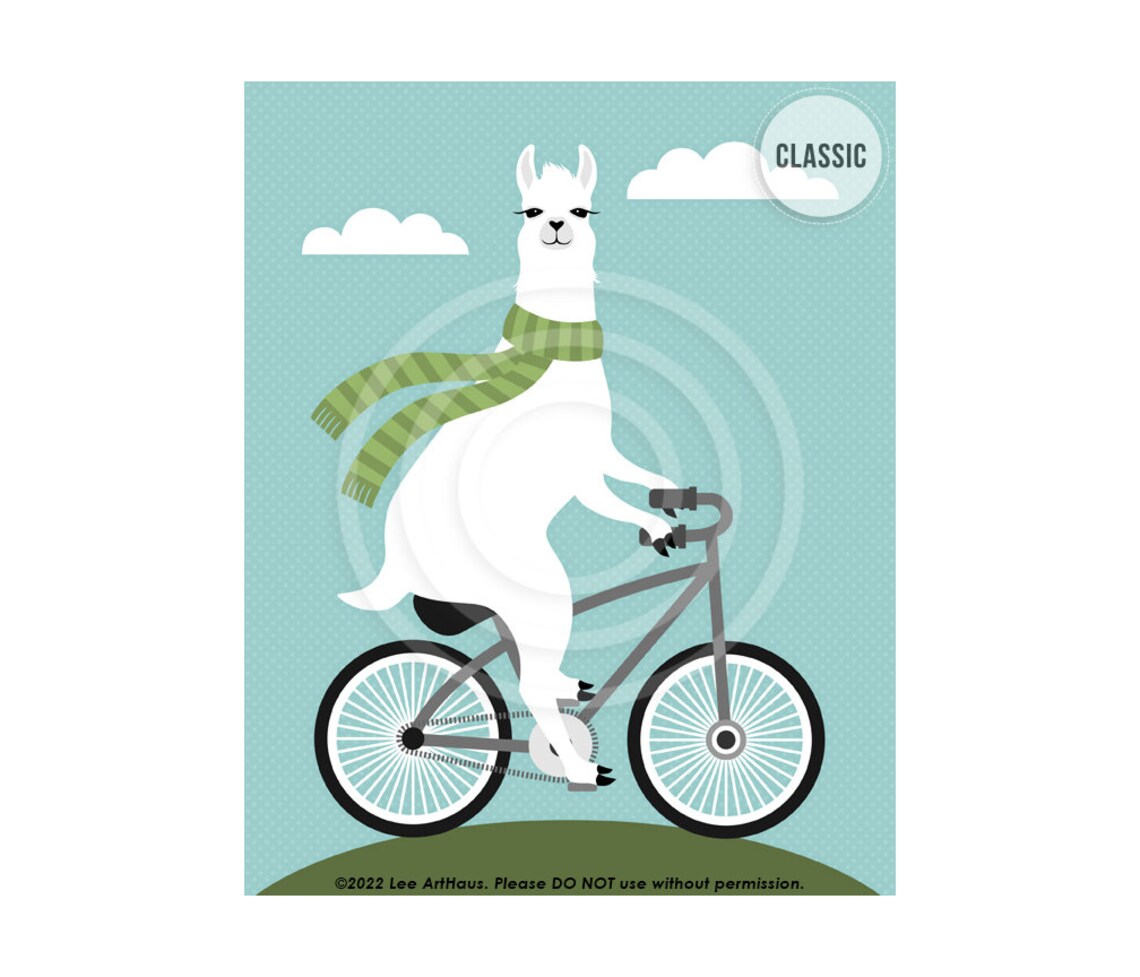 White Llama Riding Bicycle With Green Scarf Funny Animal Art Poster - Image 4