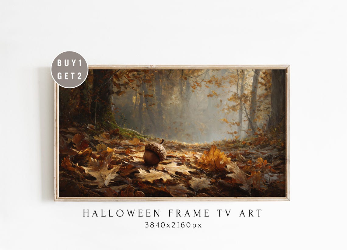 Lone Acorn on Fallen Leaves Misty Autumn Forest Frame TV Art Poster