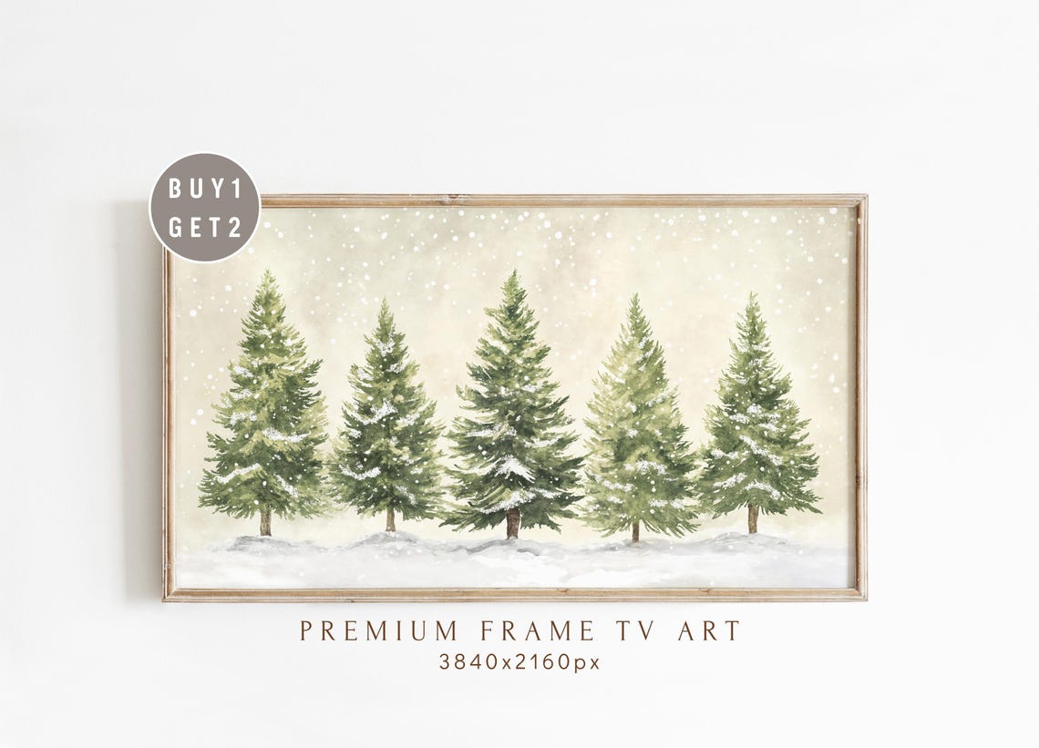 Snowy Winter Forest Landscape Evergreen Trees Frame TV Art Print