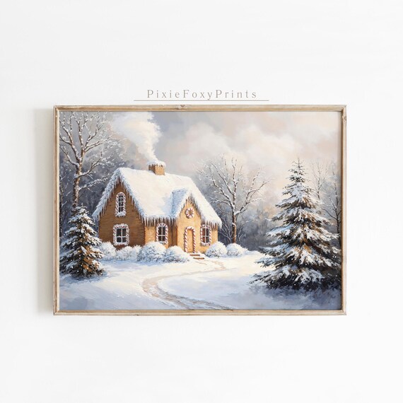 Snowy Gingerbread Cottage Winter Village Christmas Landscape Poster