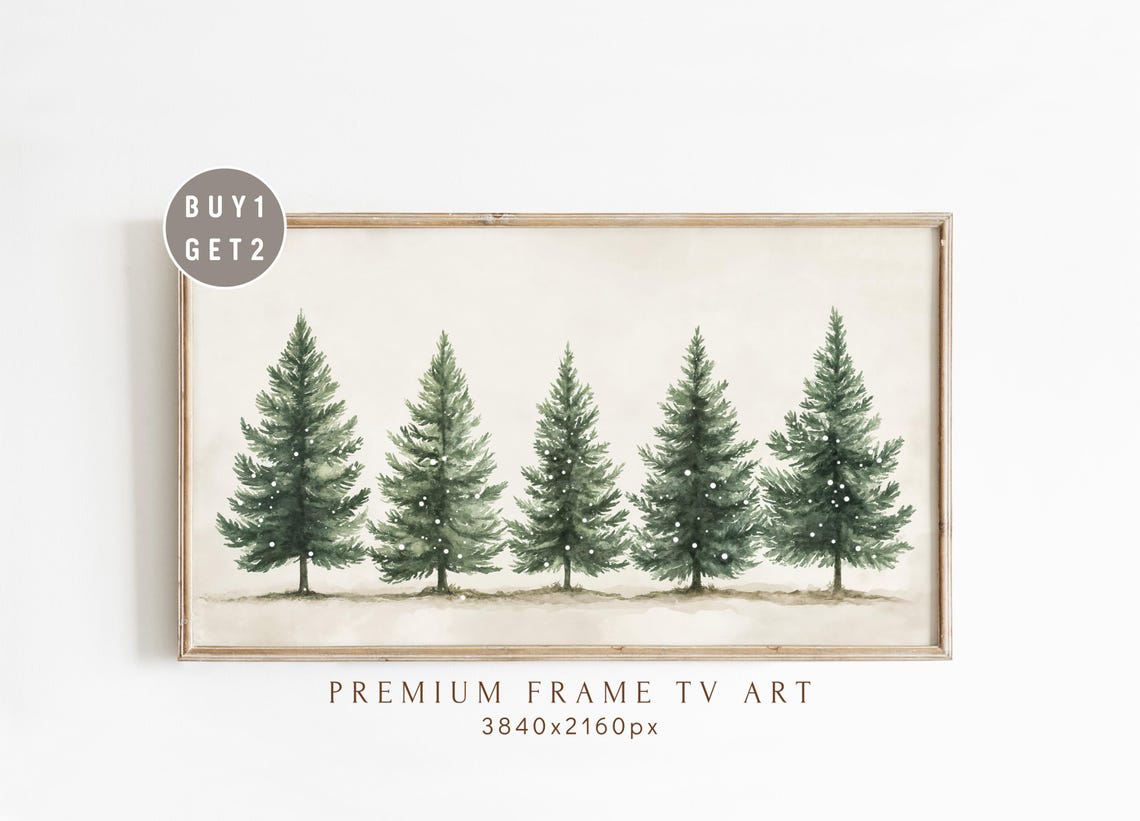 Five Snowy Christmas Trees Minimalist Winter Frame TV Art Print