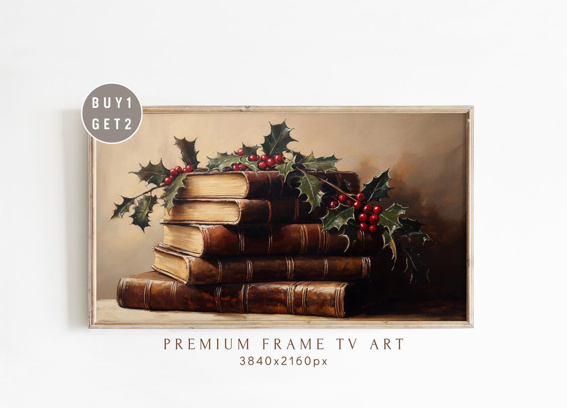 Antique Book Stack with Holly Berries Vintage Christmas TV Art Print