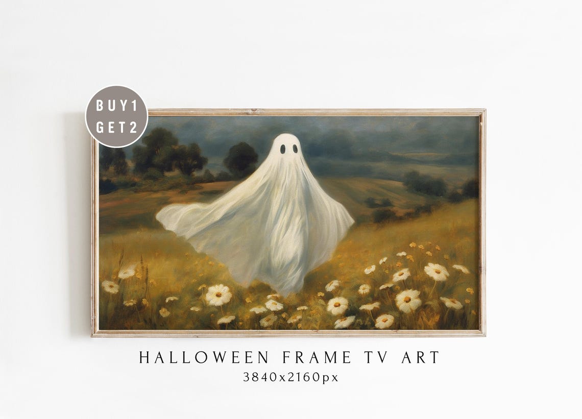 Whimsical Ghost Floating Through a Golden Autumn Flower Field Poster