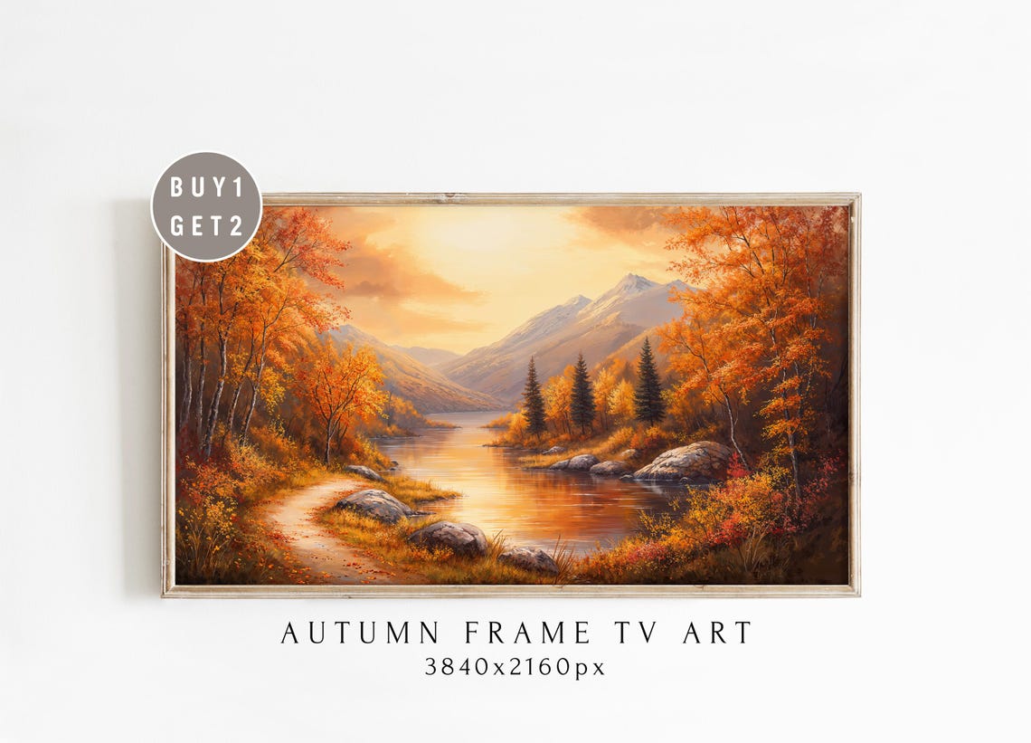 Golden Autumn River with Mountains Landscape Frame TV Art Poster