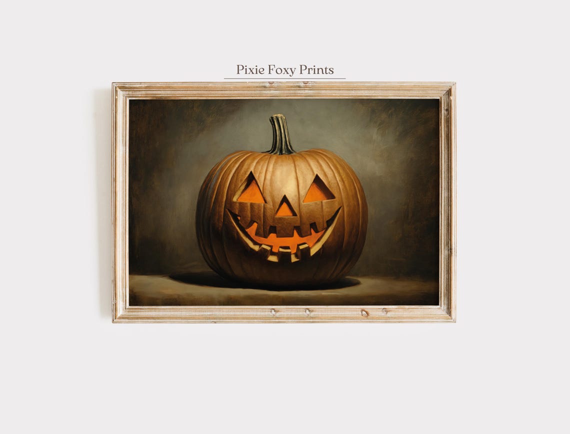 Glowing Jack O Lantern Wall Art Print Vintage Halloween Pumpkin Painting Spooky Rustic Fall Decor