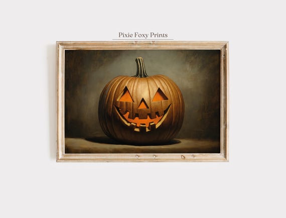 Glowing Jack O Lantern Wall Art Print Vintage Halloween Pumpkin Painting Spooky Rustic Fall Decor