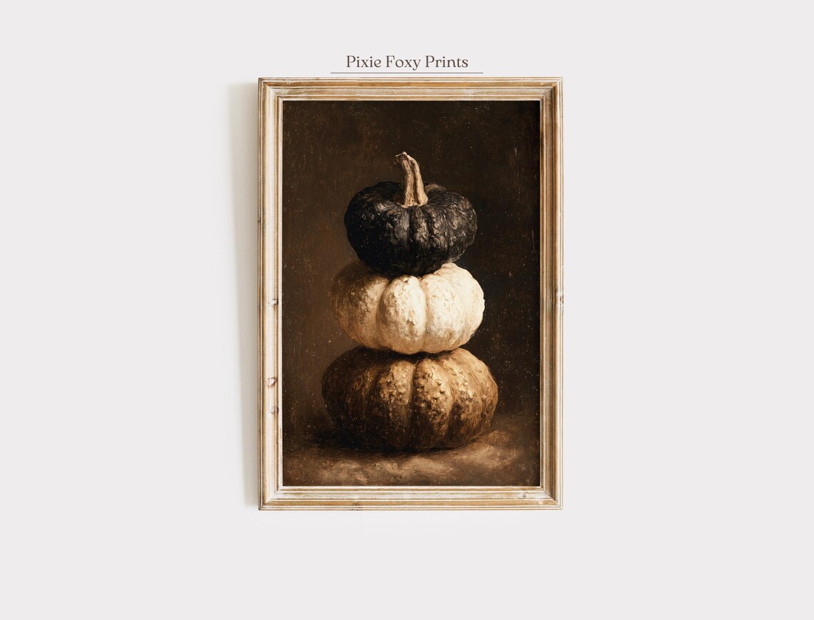 Stacked Pumpkins Vintage Still Life Dark Autumn Harvest Poster