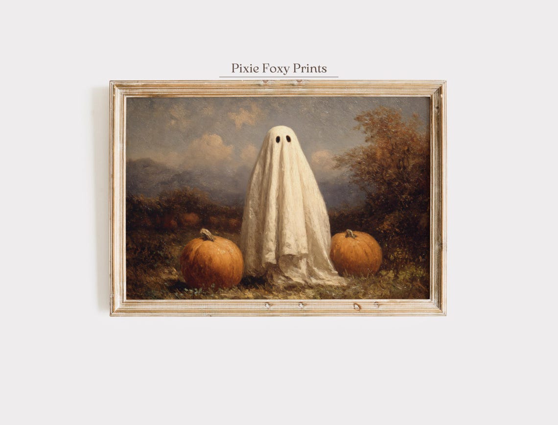 Friendly Ghost Between Two Pumpkins Vintage Halloween Poster
