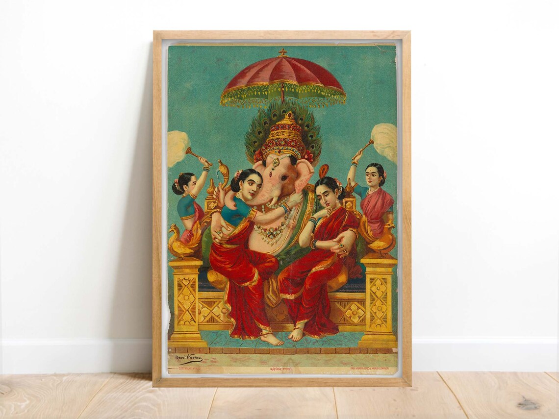 Lord Ganesha with Riddhi and Siddhi Vintage Hindu Art Poster - Image 3