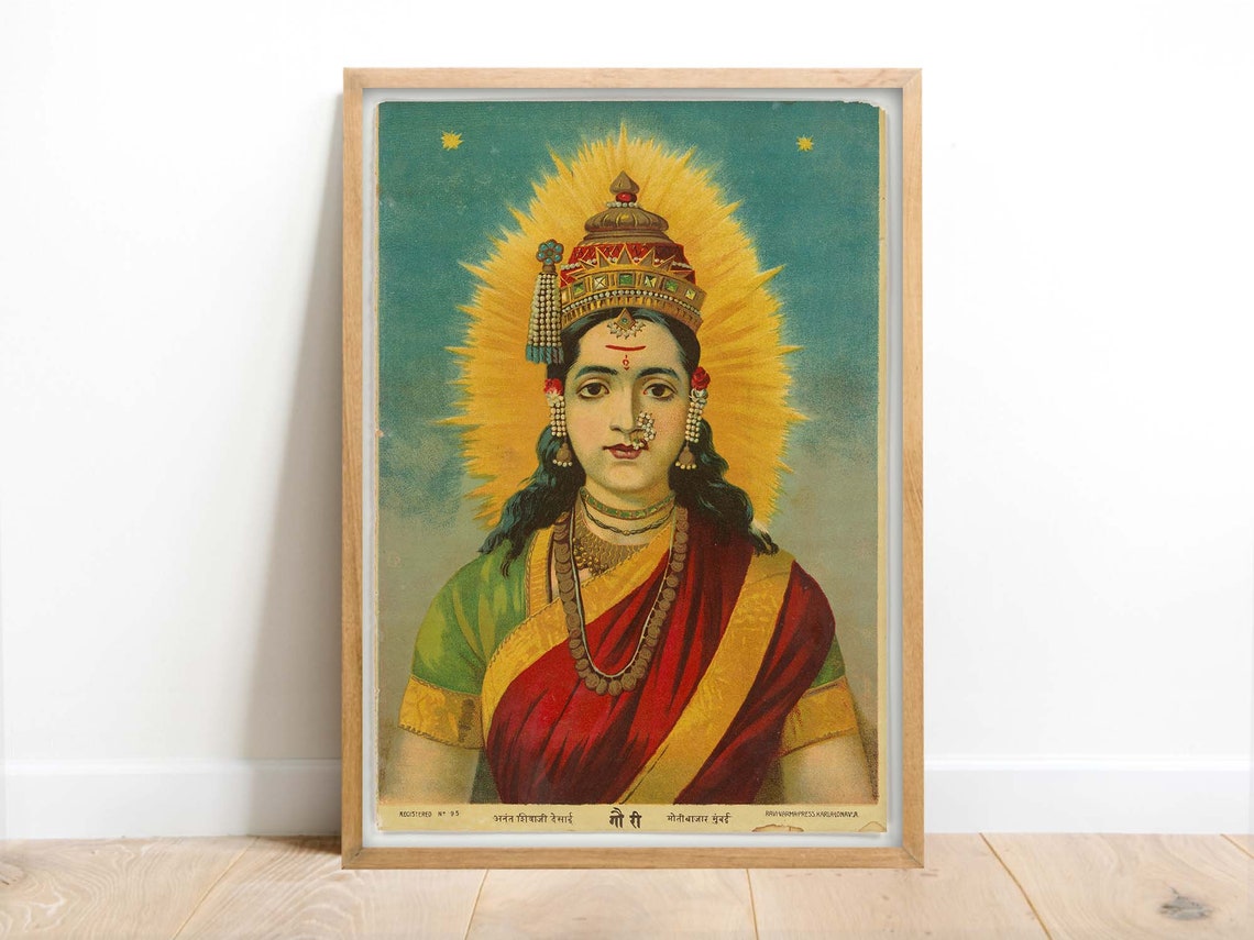 Goddess Gauri with Radiant Golden Crown Hindu Religious Art Poster - Image 3