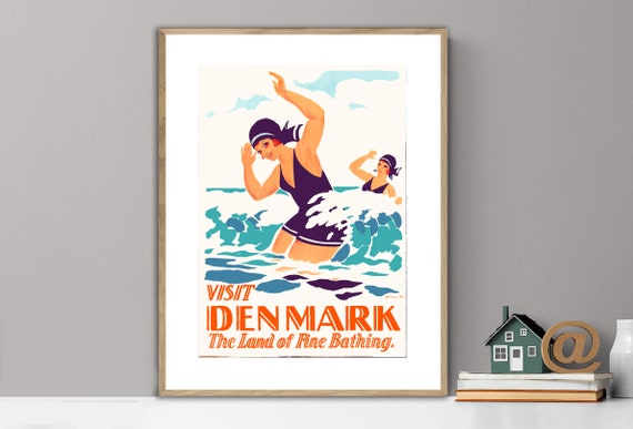 Visit Denmark The Land Of Fine Bathing Vintage Travel Poster Poster Paper Or Print Gift Idea Wall Decor