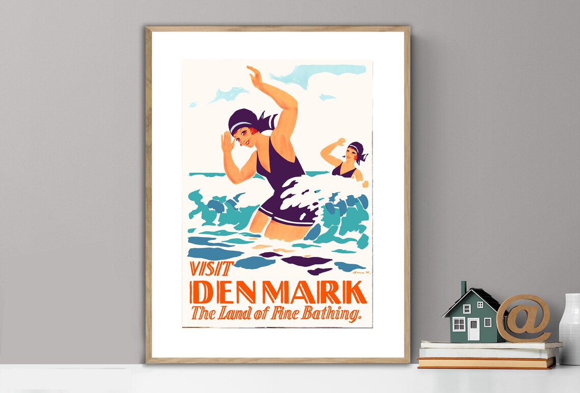 Visit Denmark Land of Fine Bathing Beach Vintage Travel Poster