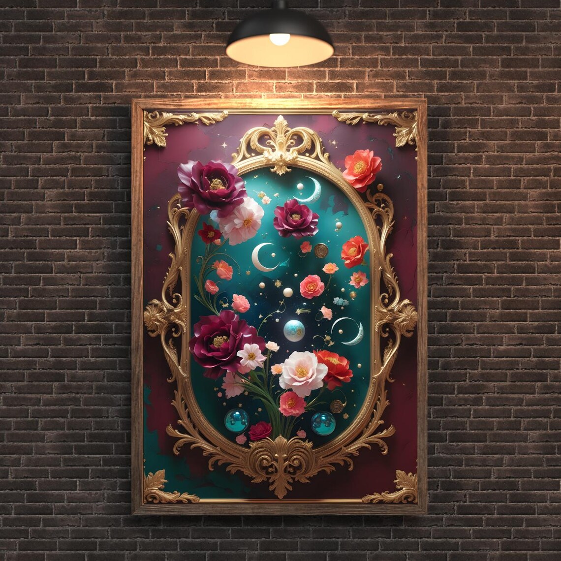 Rococo Baroque Jewel Tone Floral Gold Frame Maximalist Art Poster