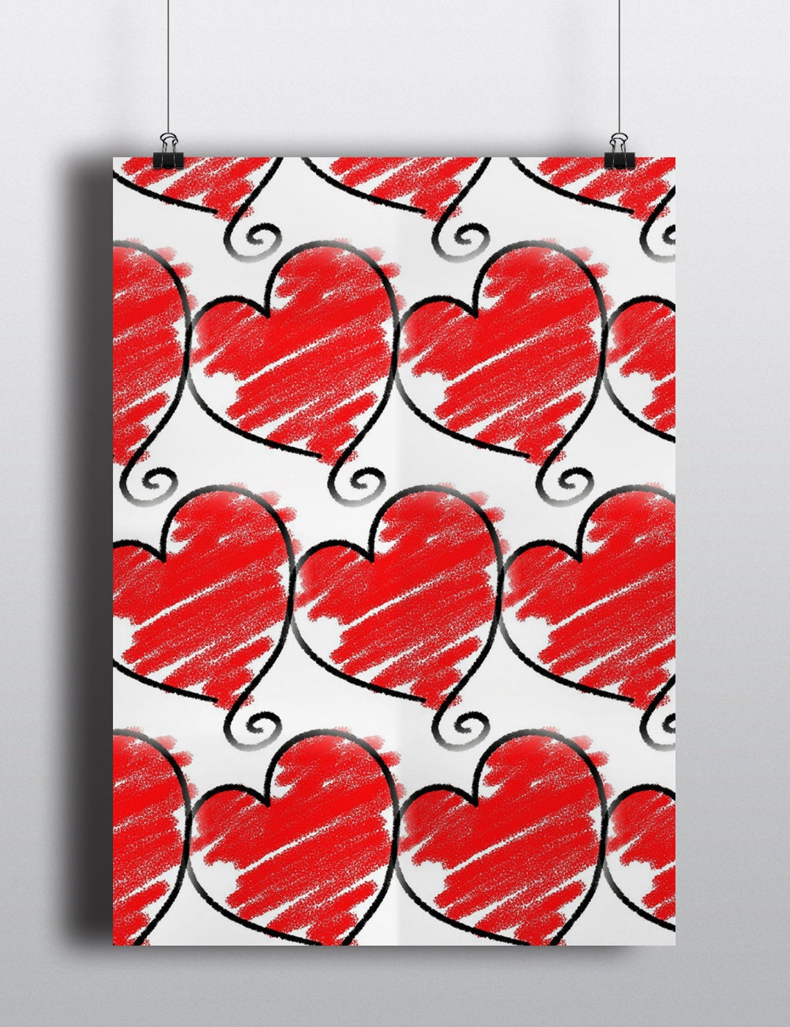 Red Hearts Pattern Playful Scribble Love Romantic Decor Poster