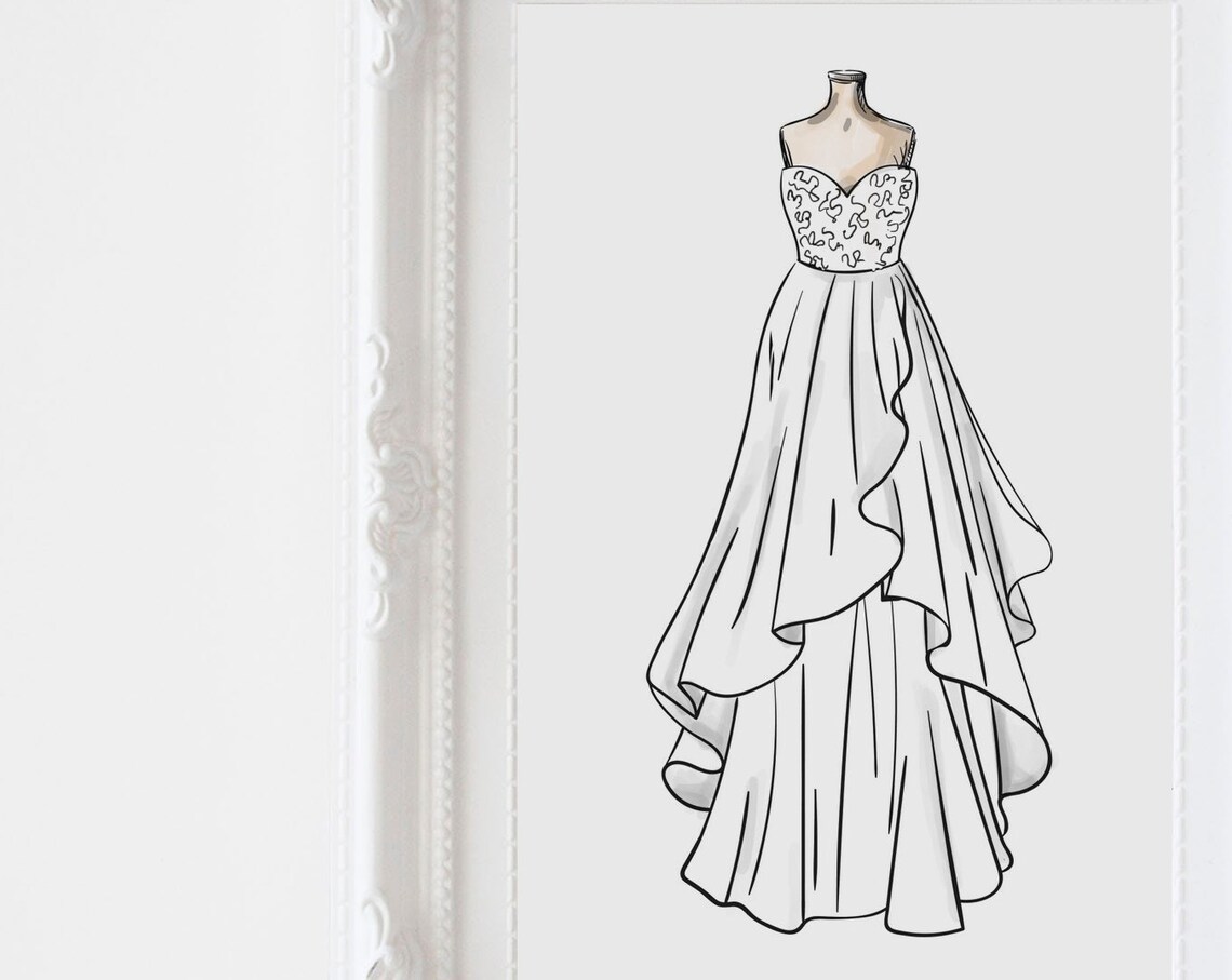 Hand Drawn Wedding Dress Sketch Bridal Gown Illustration Poster