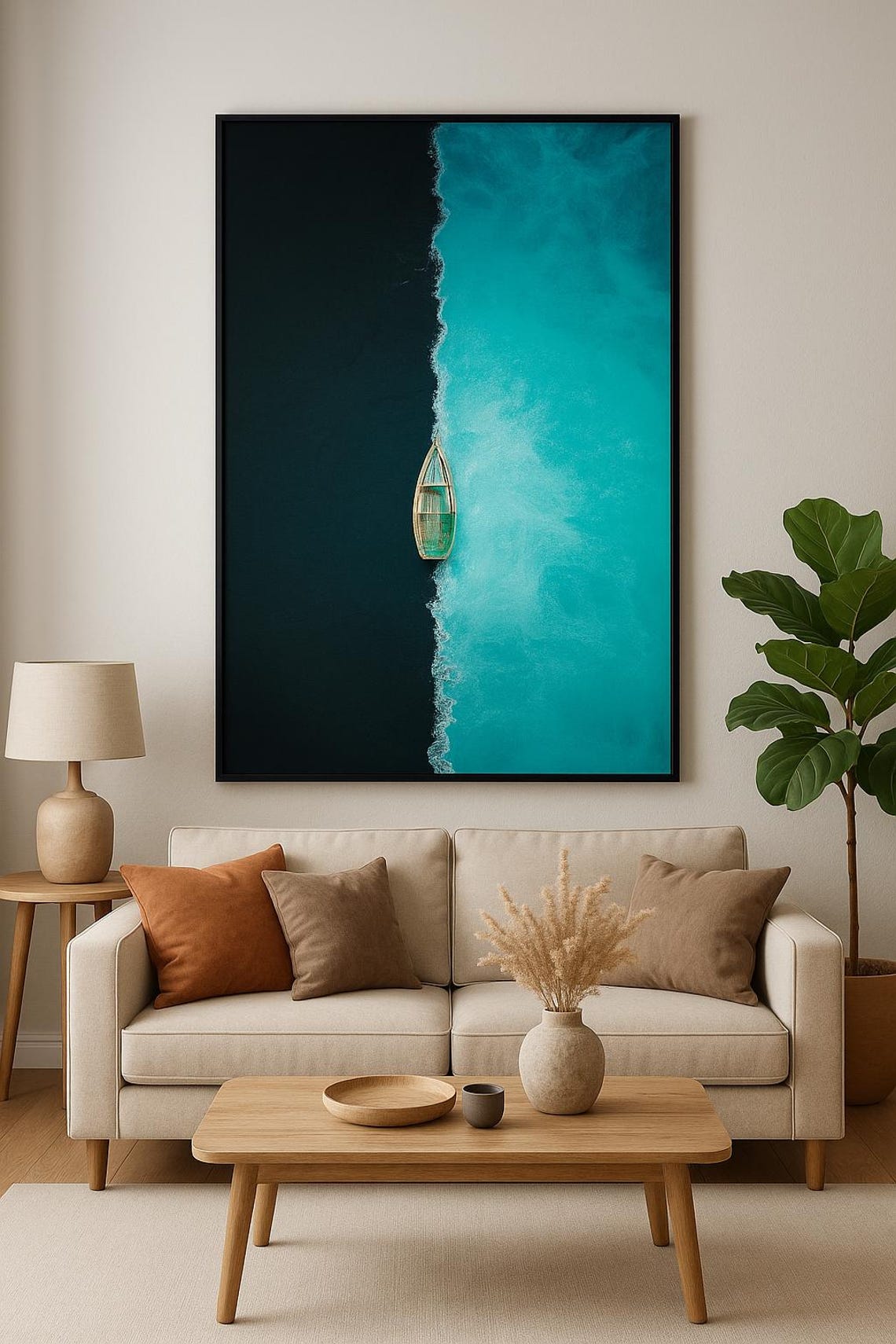 Aerial Lone Boat on Split Turquoise and Dark Sea Dramatic Photo Poster