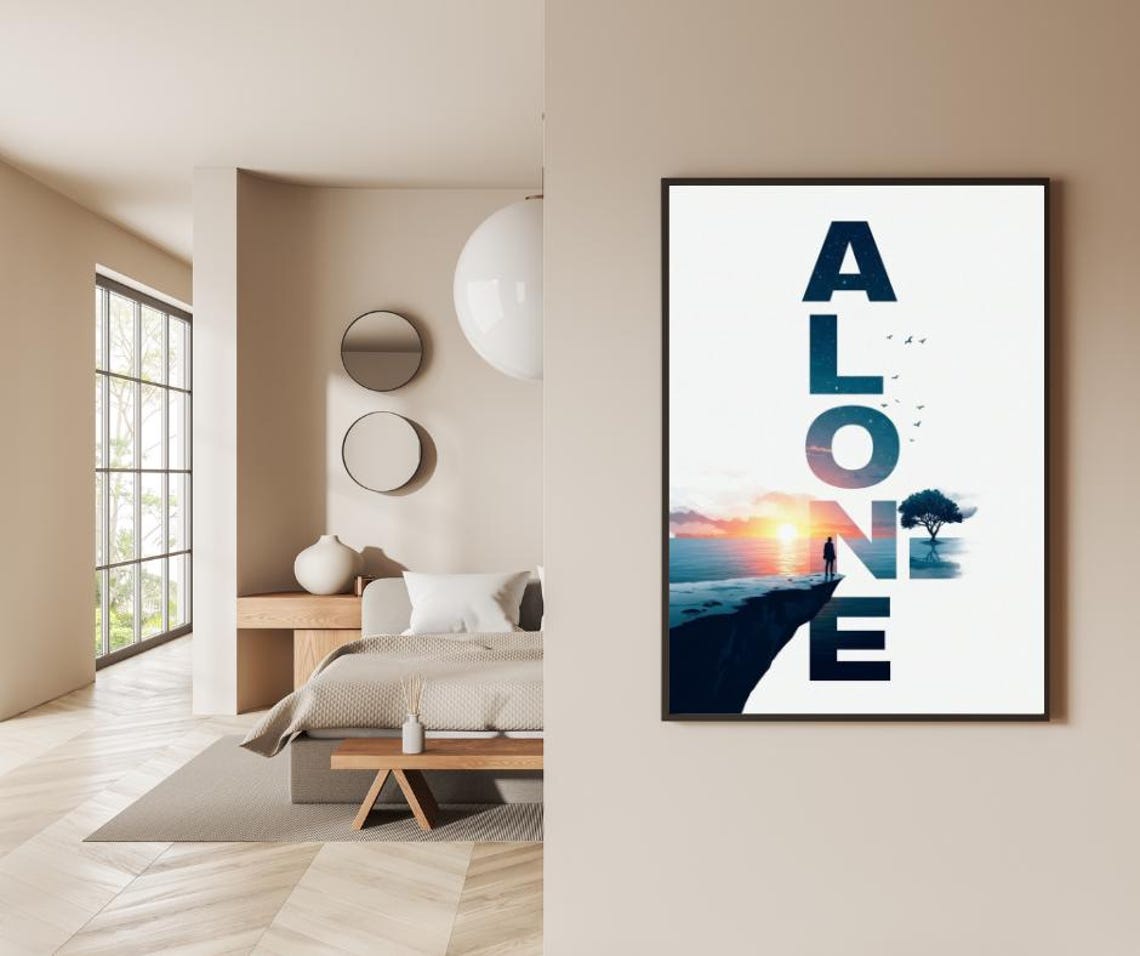 Alone Vertical Typography Sunset Cliff Ocean Solitude Quote Poster