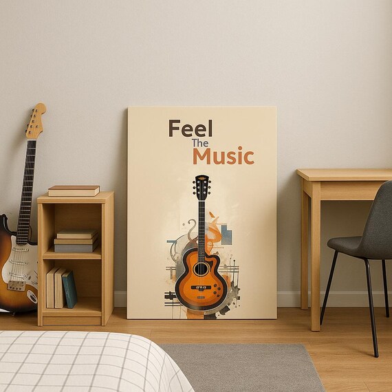 Feel The Music Vintage Acoustic Guitar Watercolor Quote Poster