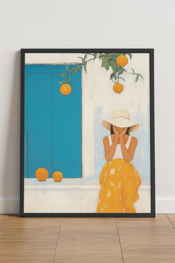 Sunhat Woman by Blue Door With Oranges Mediterranean Art Poster
