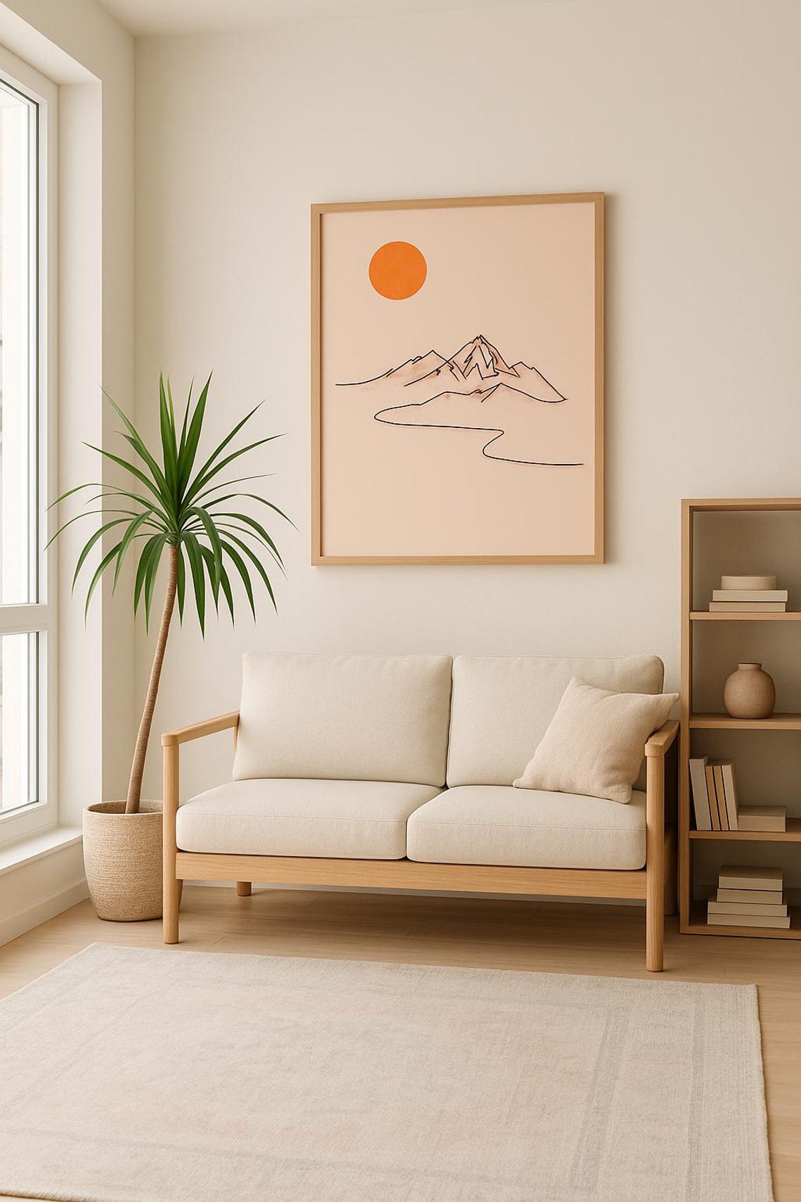 Minimal Mountain Landscape Wall Art Abstract Nature Poster With Orange Sun Boho Sunset Print For Modern Home Decor
