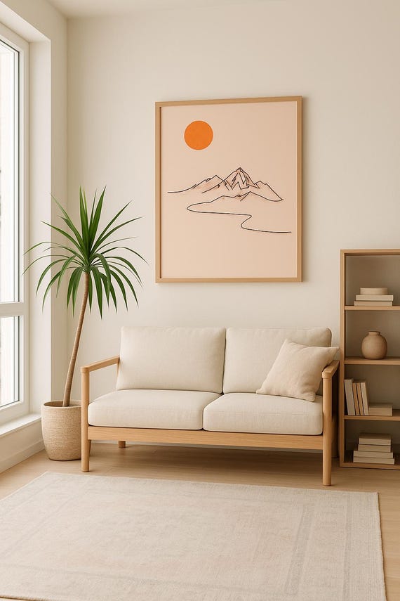 Minimal Mountain Landscape Wall Art Abstract Nature Poster With Orange Sun Boho Sunset Print For Modern Home Decor