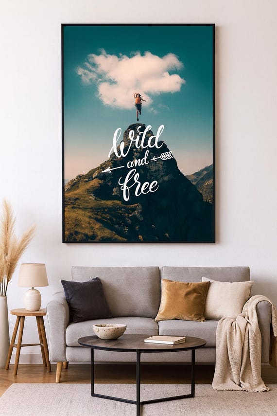 Wild And Free Mountain Wall Art Adventure Motivational Poster Nature Landscape Hiking Quote Decor Boho Travel Print