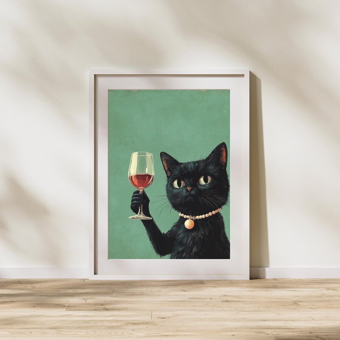 Black Cat Holding Wine Glass Pearl Necklace Vintage Style Poster