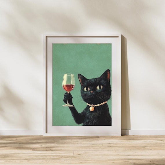 Black Cat Holding Wine Glass Pearl Necklace Vintage Style Poster