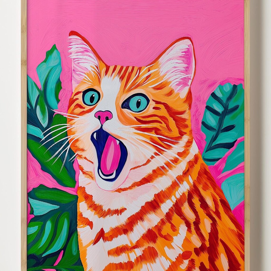 Yawning Orange Tabby Cat With Big Blue Eyes On Pink Art Poster