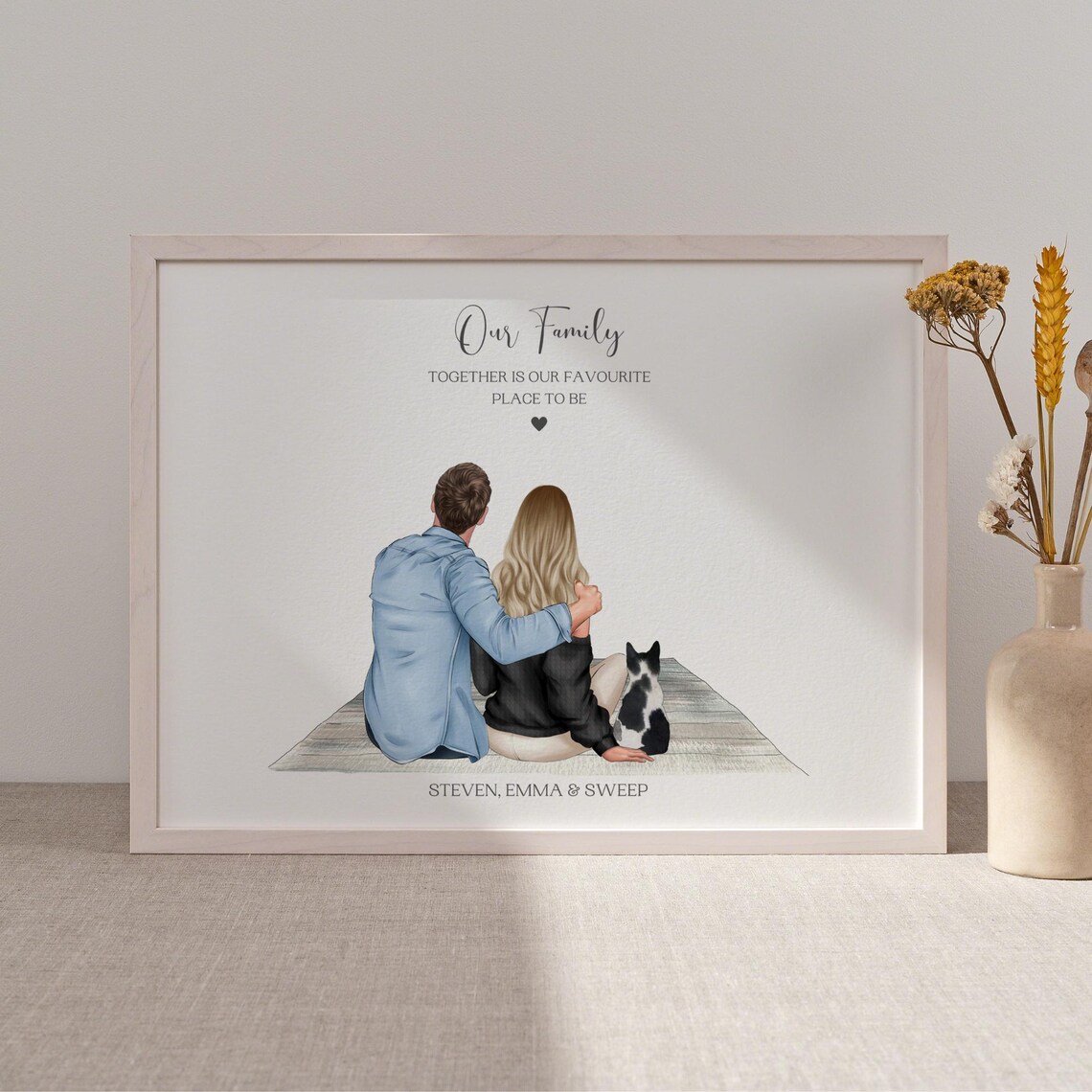 Personalised Our Family Couple And Cat Illustrated Art Print