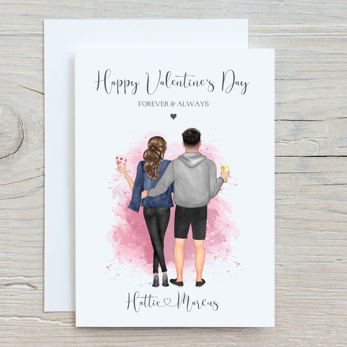 Personalised Happy Valentines Day Couple Drinks Watercolour Card Print