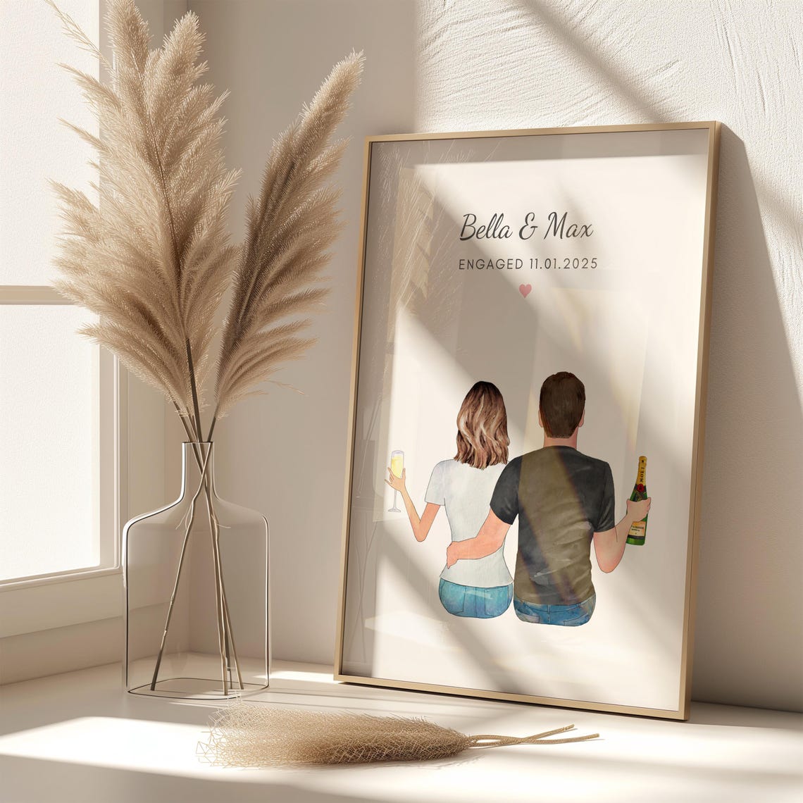 Personalized Engagement Couple Champagne Toast Watercolor Art Print