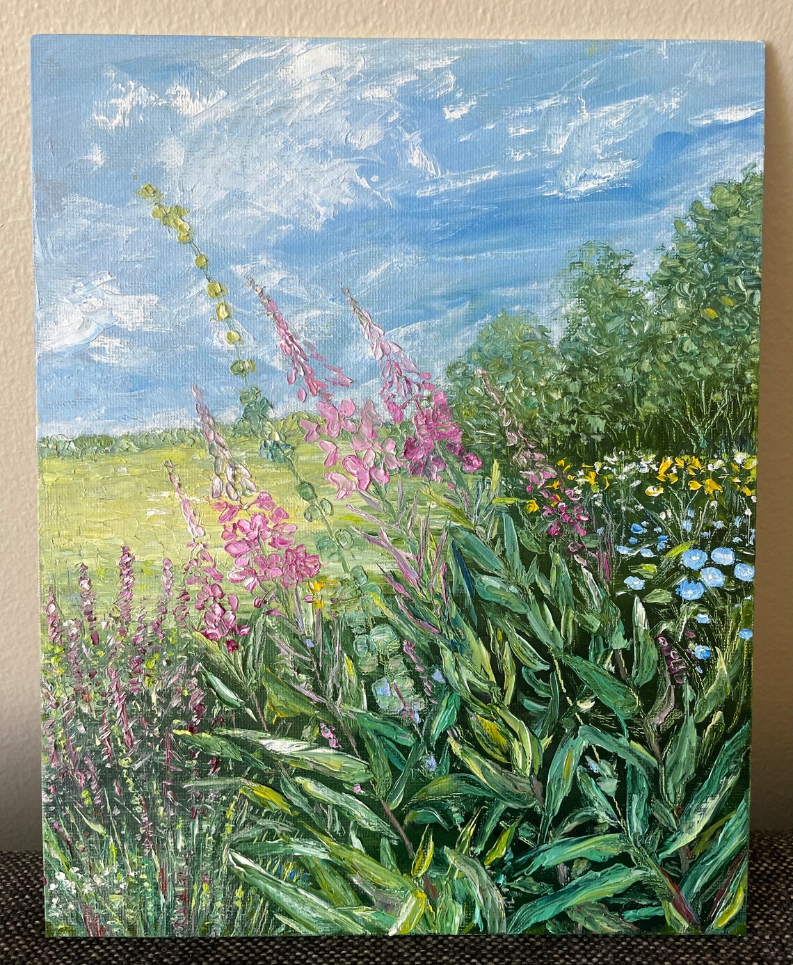 Pink Wildflower Meadow Blue Sky Framed Floral Landscape Painting Art - Image 3