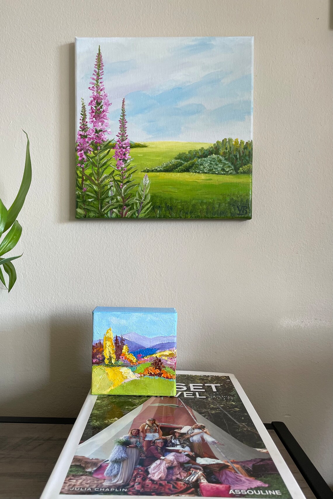 Green Meadow Pink Fireweed Wildflowers Landscape Oil Painting Poster - Image 2