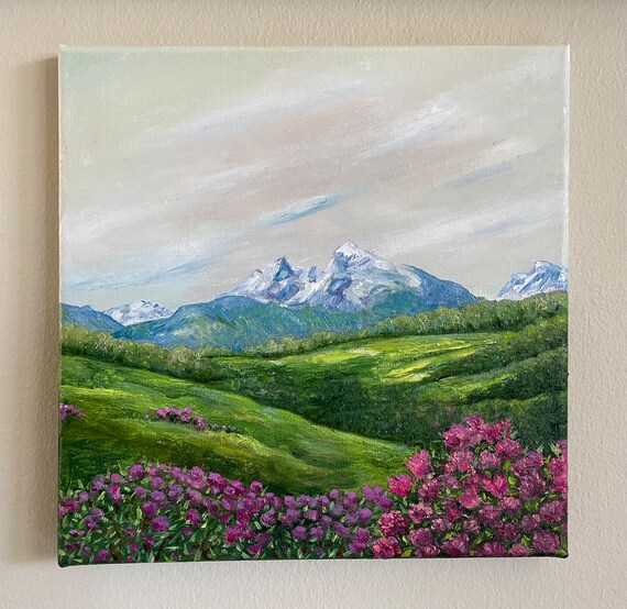 Rolling Hills Landscape Mountain Original Handmade Oil Painting On Rhododendron Bushes In Full Bloom Painting Bavaria Painting Gift