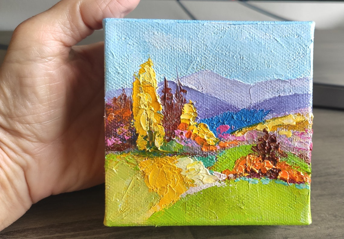 Colorful Abstract Fall Mountains Rolling Hills Landscape Oil Painting - Image 2