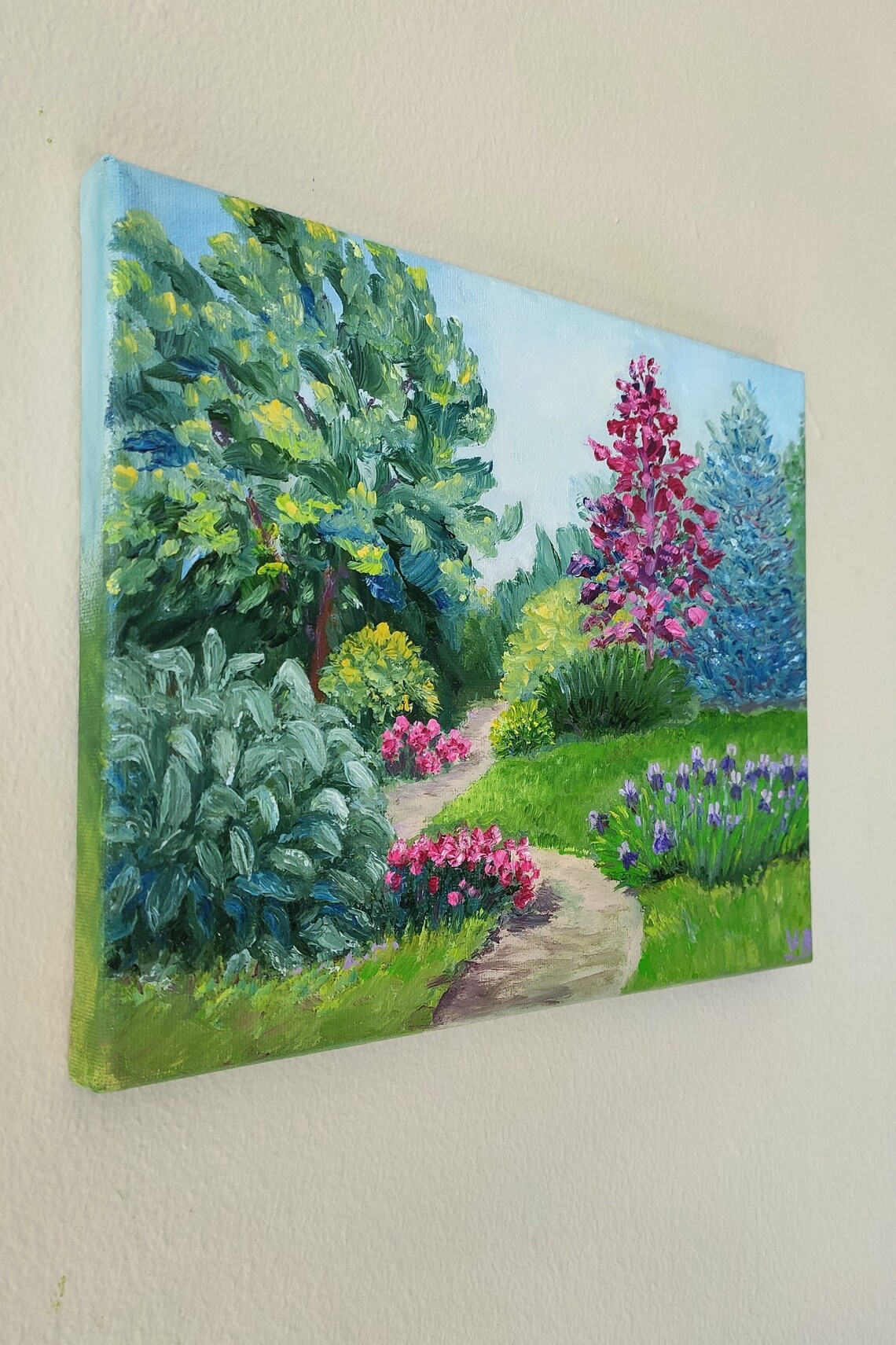 Blooming Garden Path Spring Flowers Irises Landscape Oil Painting Art - Image 2