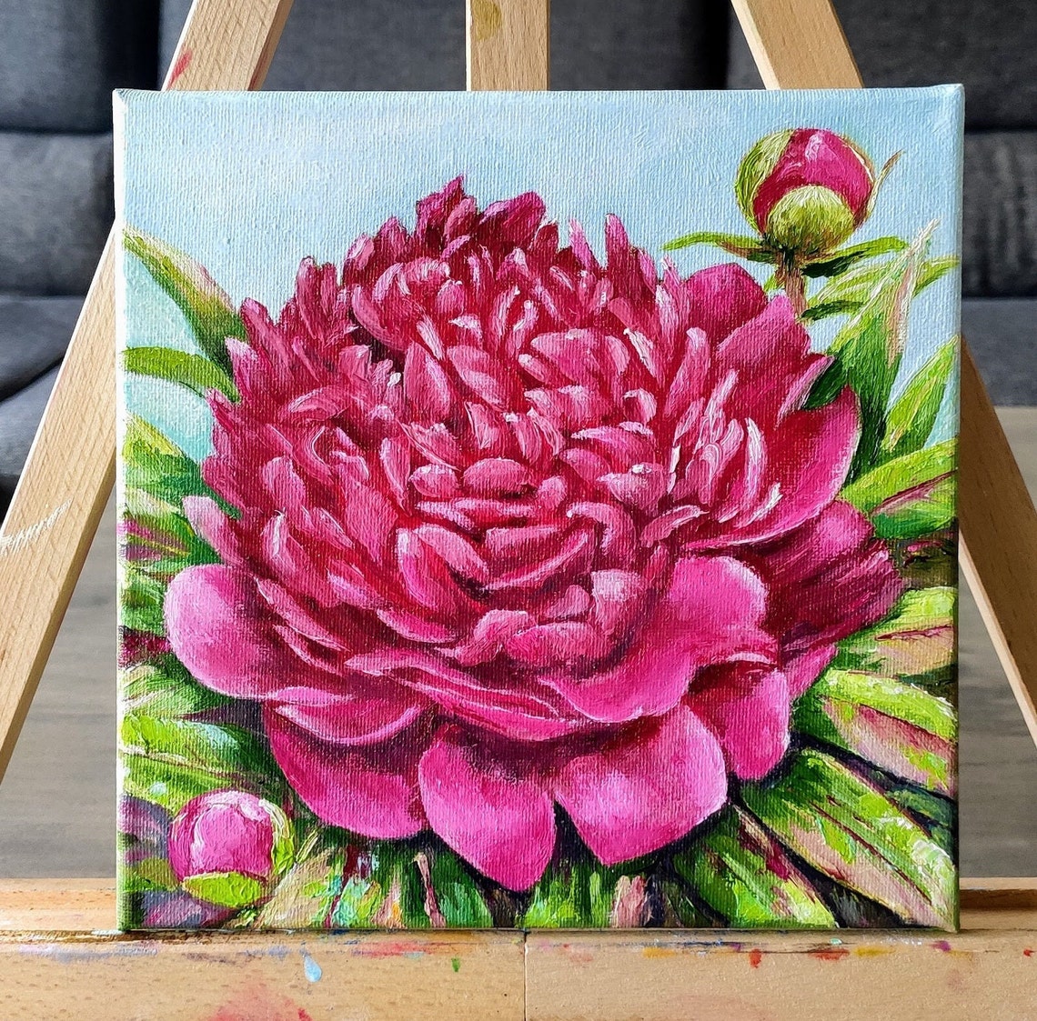 Blooming Pink Peony Buds Blue Sky Square Floral Oil Painting Poster