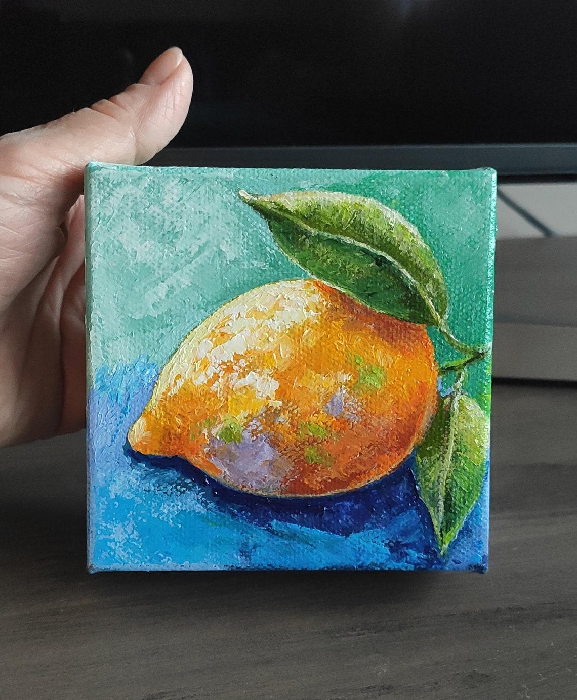 Fresh Lemon Blue Background Citrus Kitchen Oil Painting Mini Art - Image 3