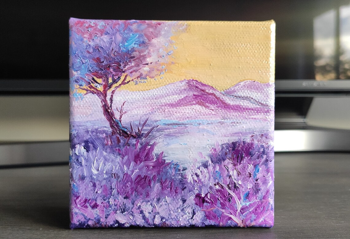 Lavender Fields Purple Mountains Golden Sky Original Oil Painting Wall Art