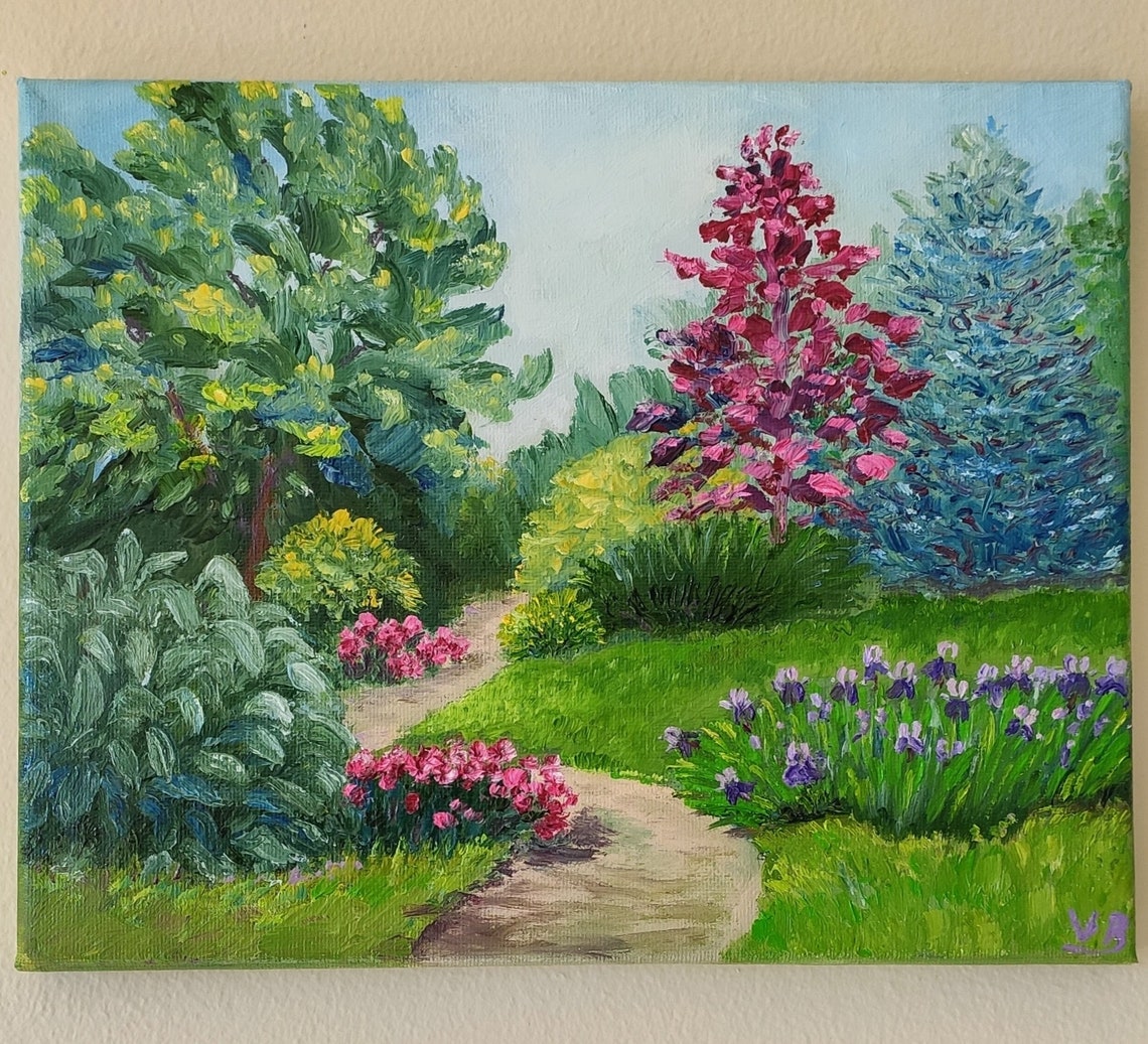 Blooming Garden Path Spring Flowers Irises Landscape Oil Painting Art - Image 3