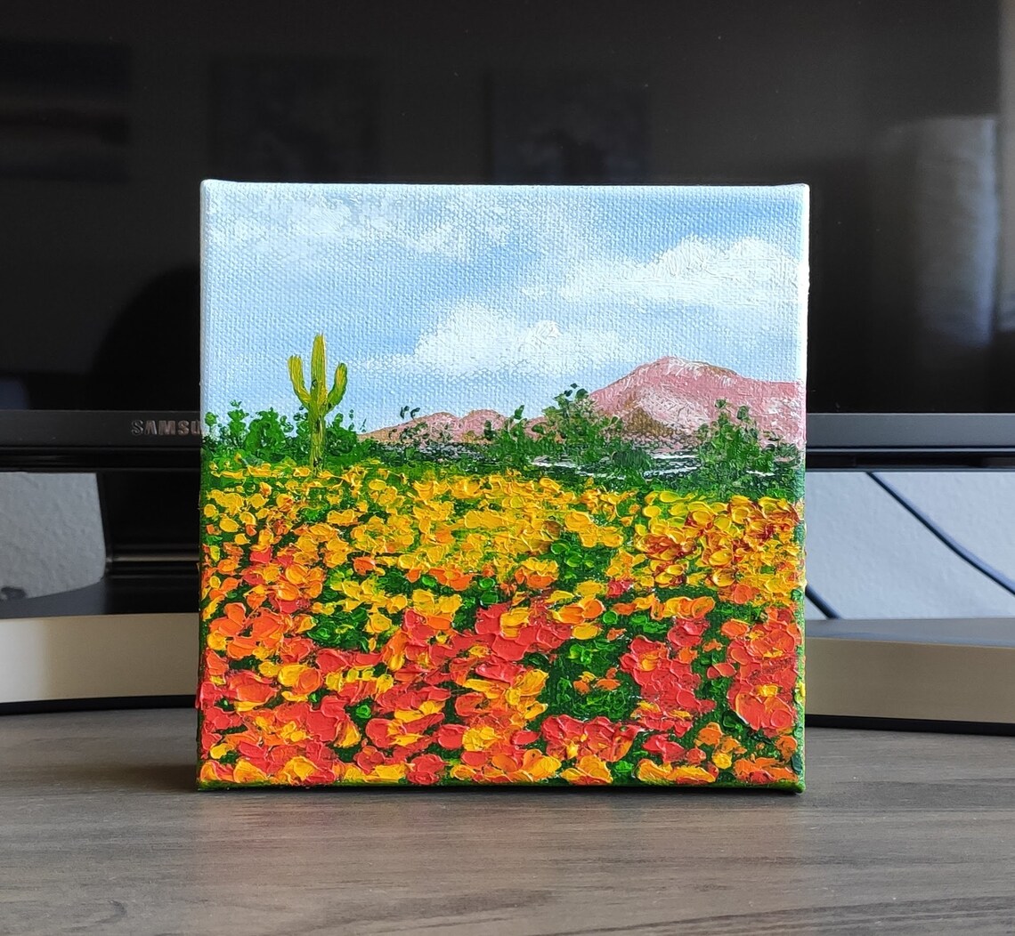 California Poppy Bloom Desert Field Cactus Mountain Oil Painting Art - Image 3