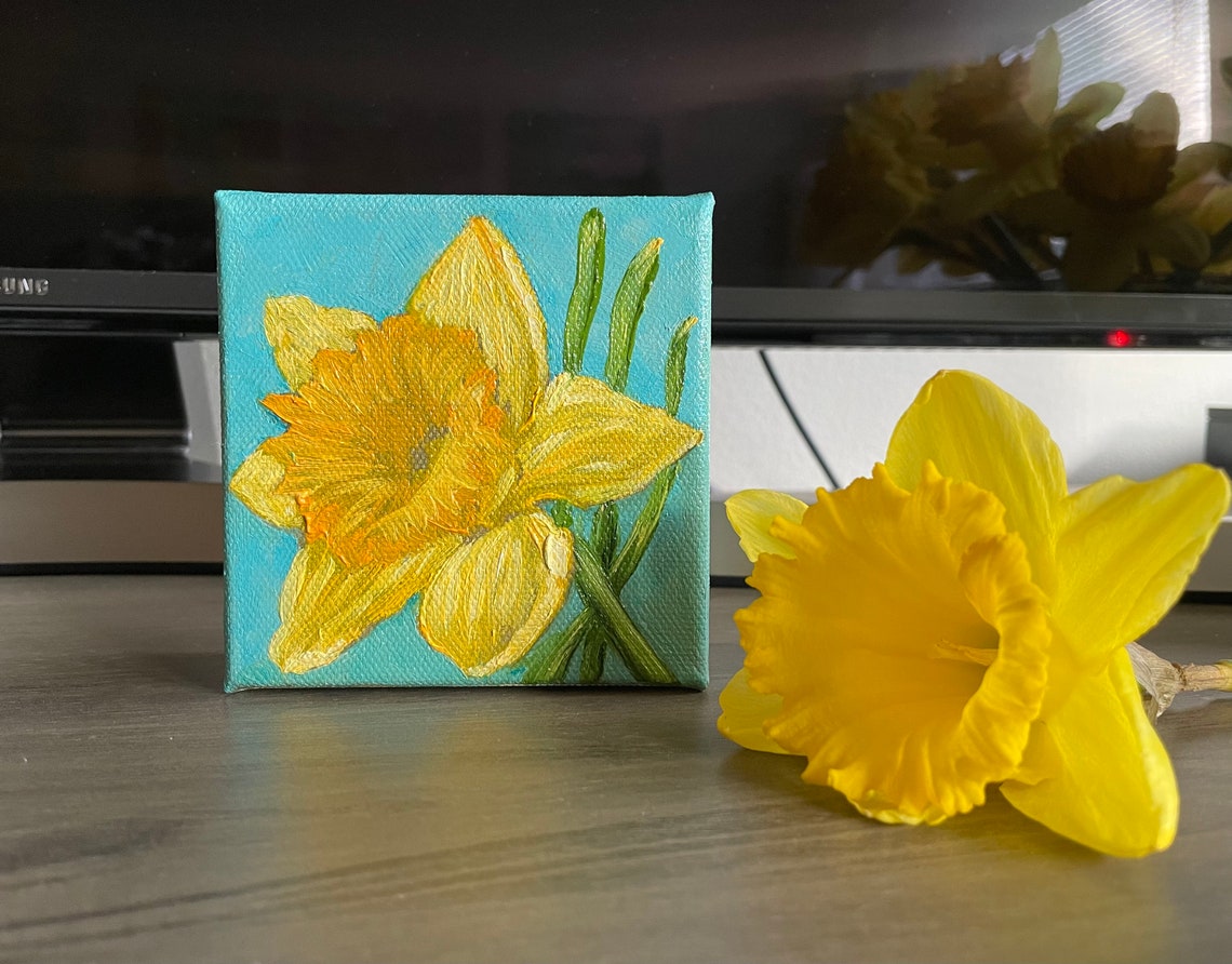 Yellow Daffodil Turquoise Mini Canvas Spring Floral Painting Poster - Image 2