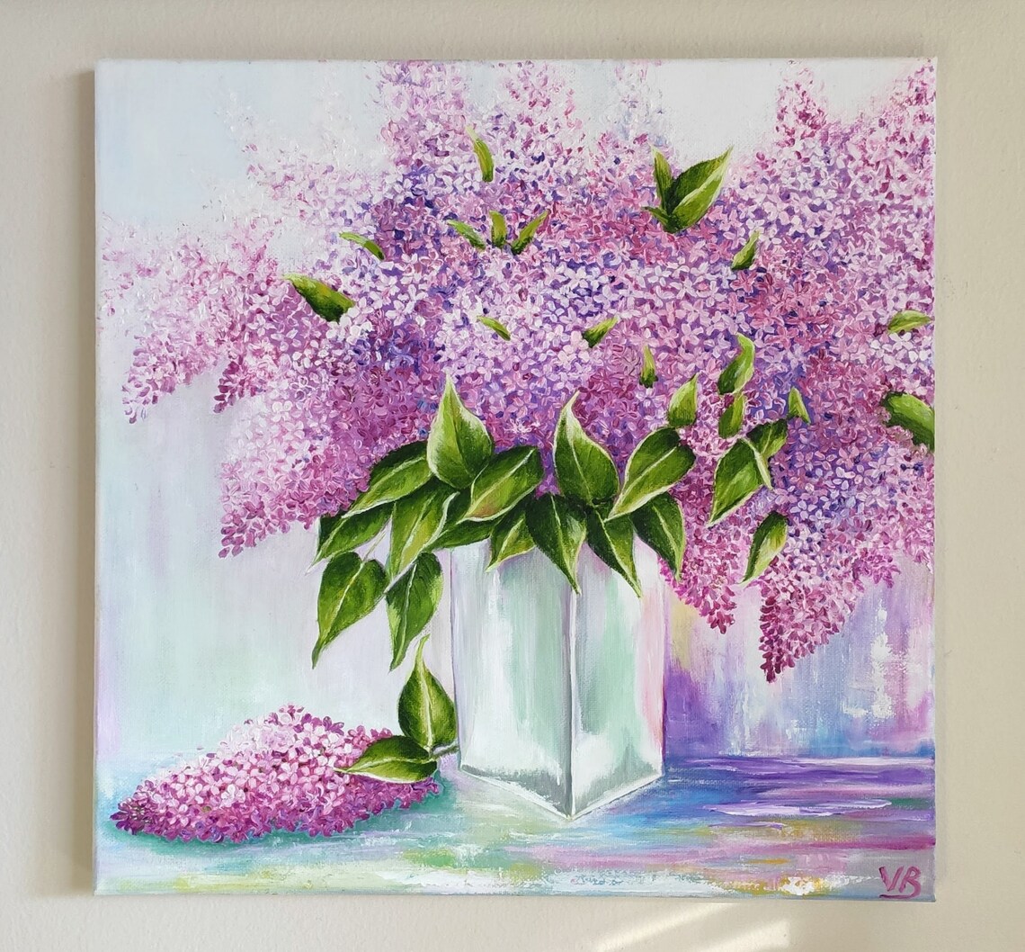 Purple Lilac Blossoms Glass Vase Floral Oil Painting Wall Art Poster