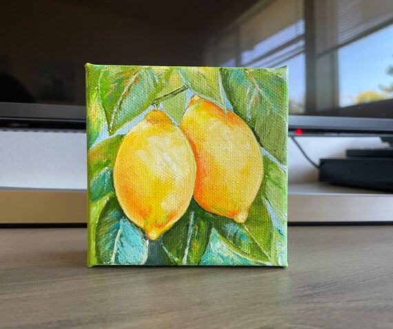 Lemons On A Branch Original Handmade Oil Painting On 4x4 Kitchen Citrus Fruit Painting Small Food Kitchen Art Gift One Of A Kind