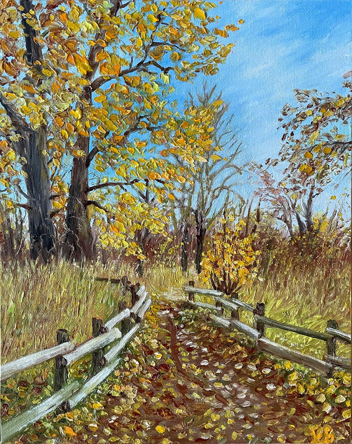 Autumn Golden Tree Lane Wooden Fence Falling Leaves Landscape Poster - Image 4